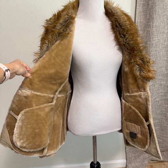 VTG Guess Womens Leather Coat Jacket Faux Fur Collar M Tan Y2K Indie Grunge 70s - Picture 4 of 16